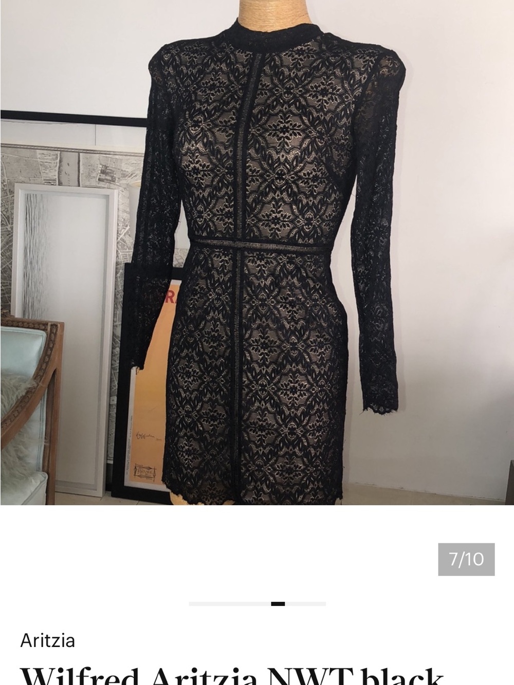 New Wilfred Aritzia Janvry Black Nude Lace Long-Sleeve Mini Dress - Picture 6 of 14